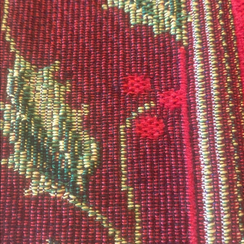 Textured woven Festive Red Table Runner with Holly Design